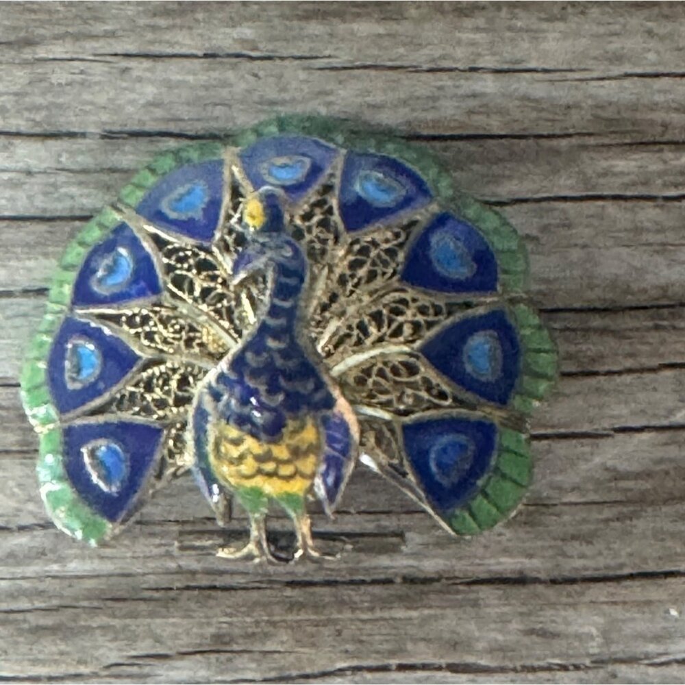 Vintage Peacock Brooch Pin Vermeil Enamel Jewelry